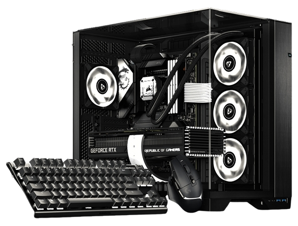 Signal RGB battlestation preview with illuminated gaming PC, keyboard, and mouse